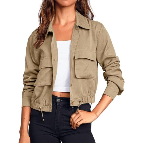 Women's Military Safari Cropped Jackets Button Down Lightweight